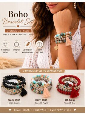Boho Hamsa Evil Eye Bracelet Set | Rhinestone Charm Beaded Stack Bracelets with
